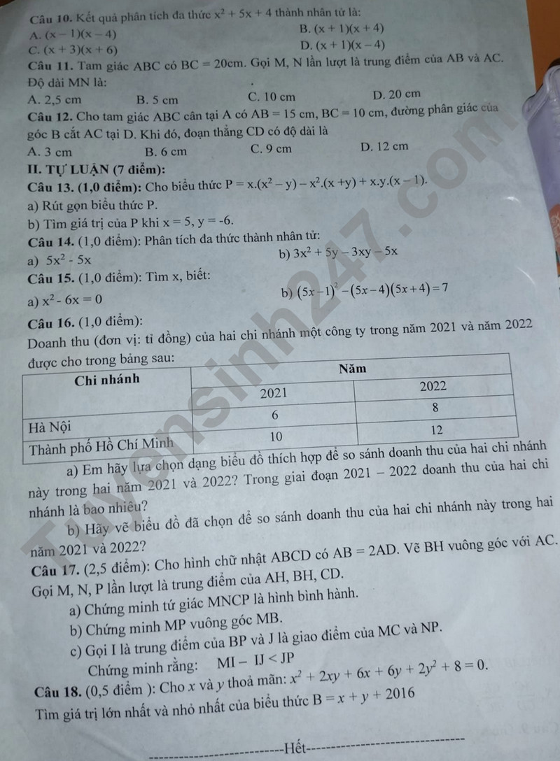 De thi HK 1 mon Toan lop 8 - THCS Yen Tam 2023
