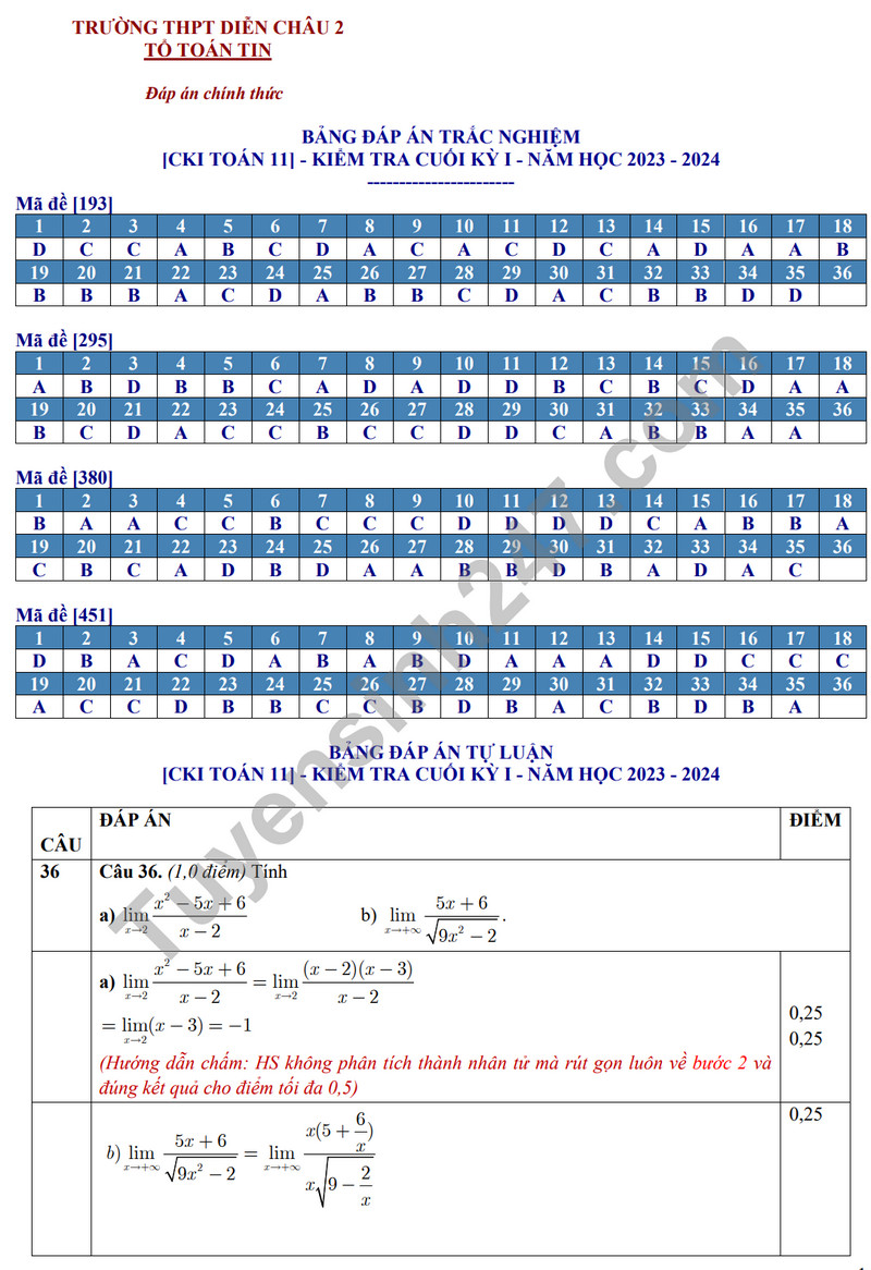 De thi HK 1 lop 11 mon Toan - THPT Dien Chau 2 nam 2023 (Co dap an)