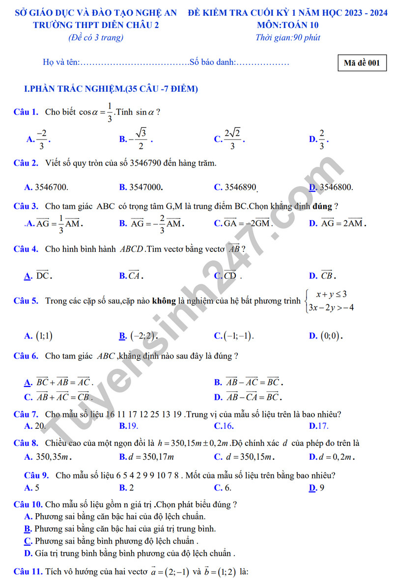 De thi hoc ki 1 lop 10 mon Toan 2023 - THPT Dien Chau 2