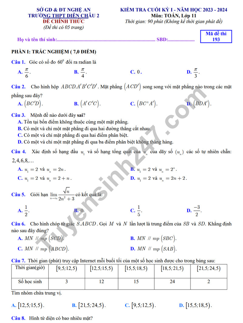 De thi HK 1 lop 11 mon Toan - THPT Dien Chau 2 nam 2023 (Co dap an)