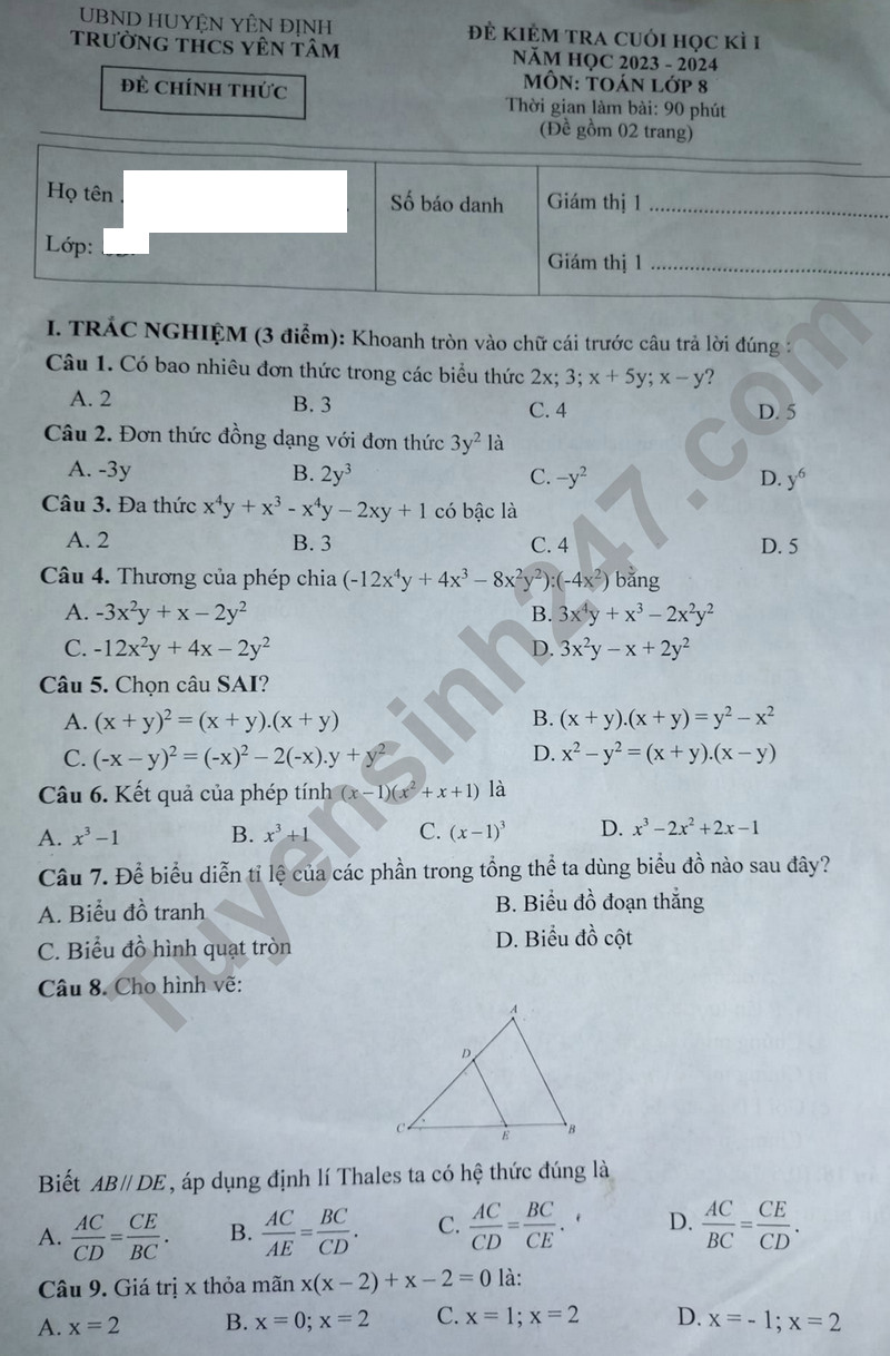 De thi HK 1 mon Toan lop 8 - THCS Yen Tam 2023