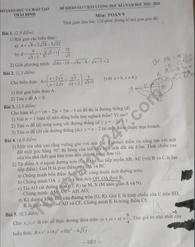 De thi HK 1 mon Toan lop 9 - So GD&DT Thai Binh 2023 (Co dap an)
