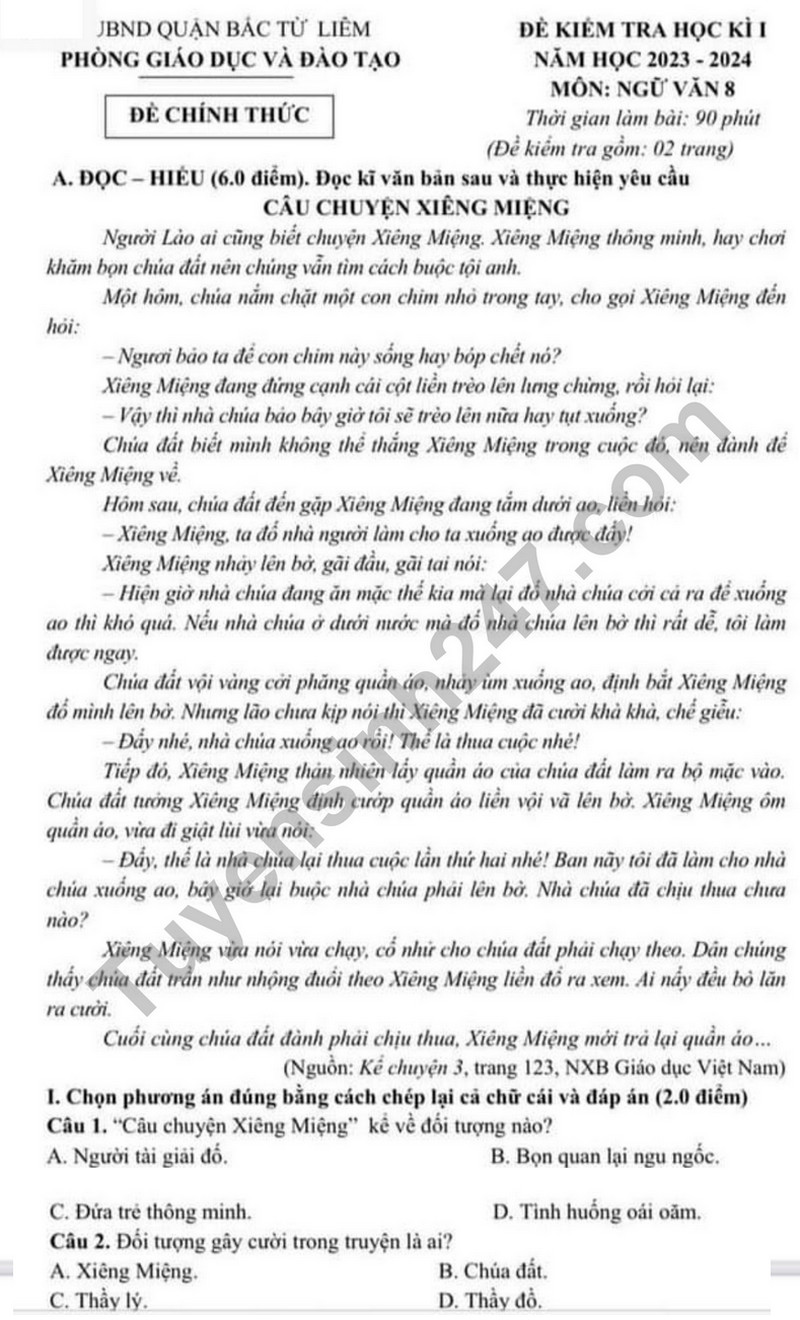 De thi cuoi ki 1 mon Van lop 8 - Phong GD Nam Tu Liem 2023 (Co dap an)