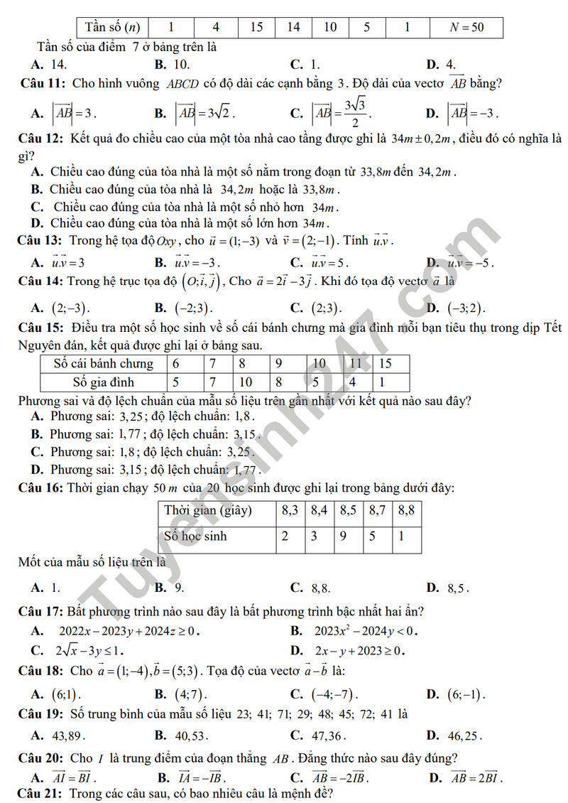 De thi cuoi ki 1 mon Toan lop 10 - THPT Le Loi 2023 (Co dap an)