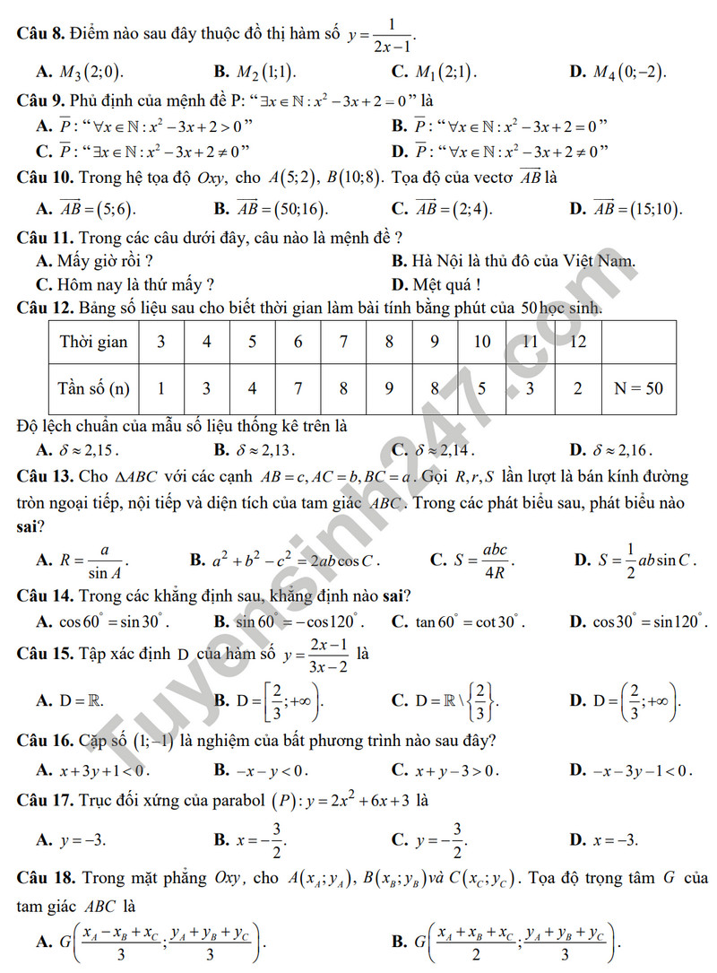 De thi cuoi ki 1 mon Toan lop 10 - THPT Phan The Hien 2023 (Co dap an)