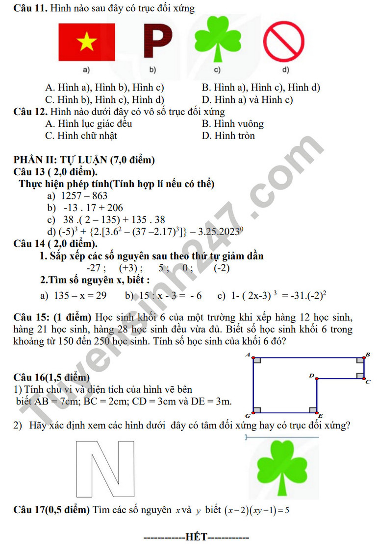 De thi cuoi ki 1 mon Toan lop 6 - Phong GD Kim Thanh 2023 (Co dap an)