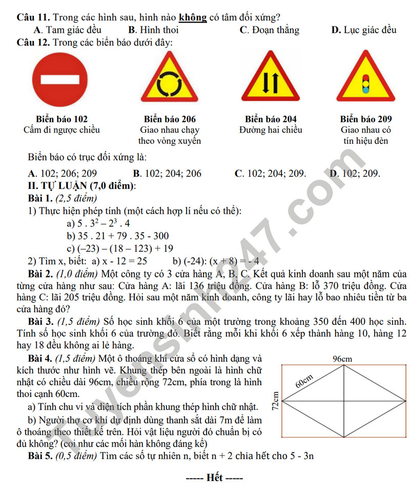 De thi cuoi ki 1 mon Toan lop 6 - So GD Thai Binh 2023 (Co dap an)