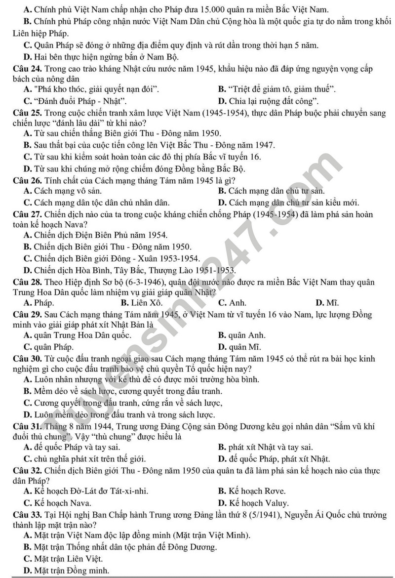 De thi cuoi ki 1 mon Su lop 12 - So GD Thai Binh 2023 (Co dap an)