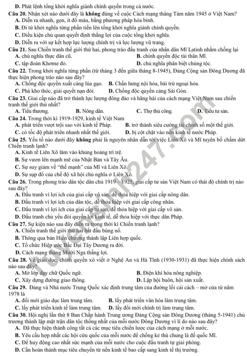 De thi cuoi ki 1 mon Su lop 12 - THPT Phan Dang Luu 2023
