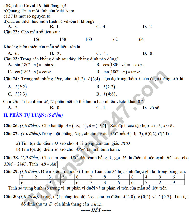 De thi cuoi ki 1 mon Toan lop 10 - THPT Le Loi 2023 (Co dap an)