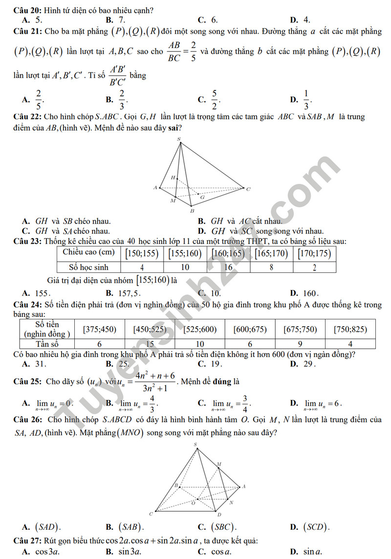 De thi HK 1 mon Toan lop 11 nam 2023 - THPT Le Loi (Co dap an)