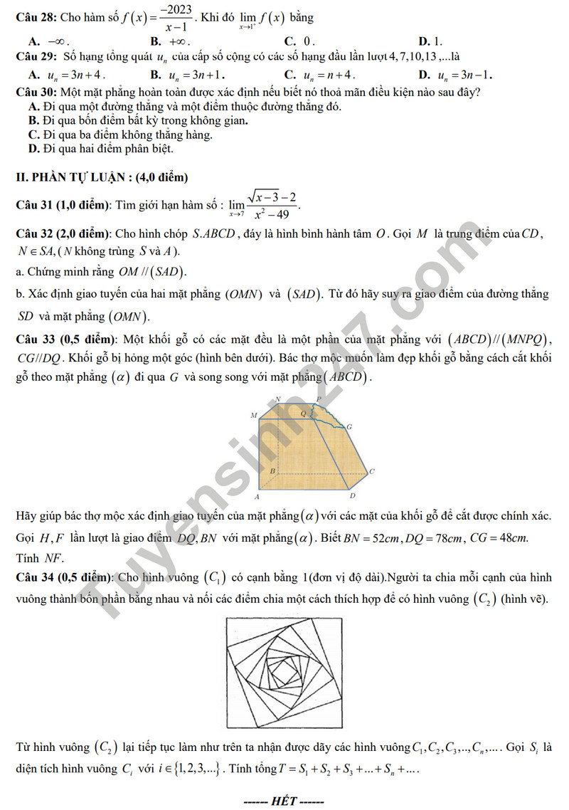 De thi HK 1 mon Toan lop 11 nam 2023 - THPT Le Loi (Co dap an)