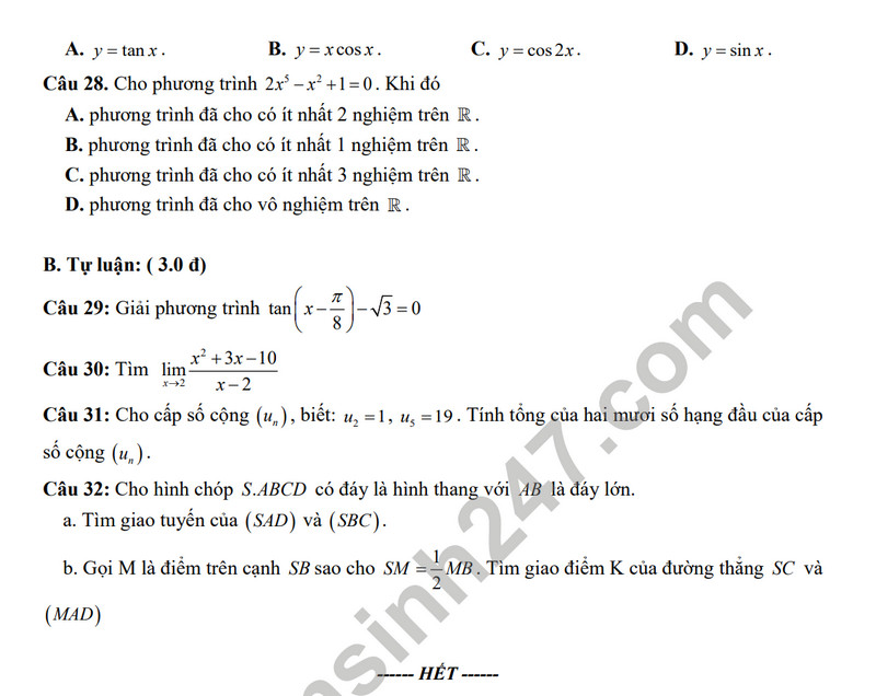 De thi HK 1 mon Toan lop 11 nam 2023 - THPT Phan The Hien (Co dap an)