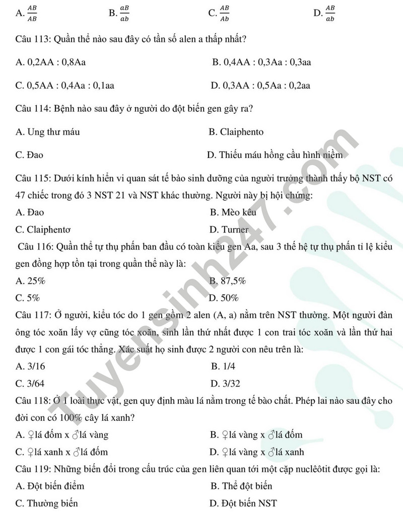 De thi cuoi ki 1 mon Sinh lop 12 - So GD Thai Binh 2023