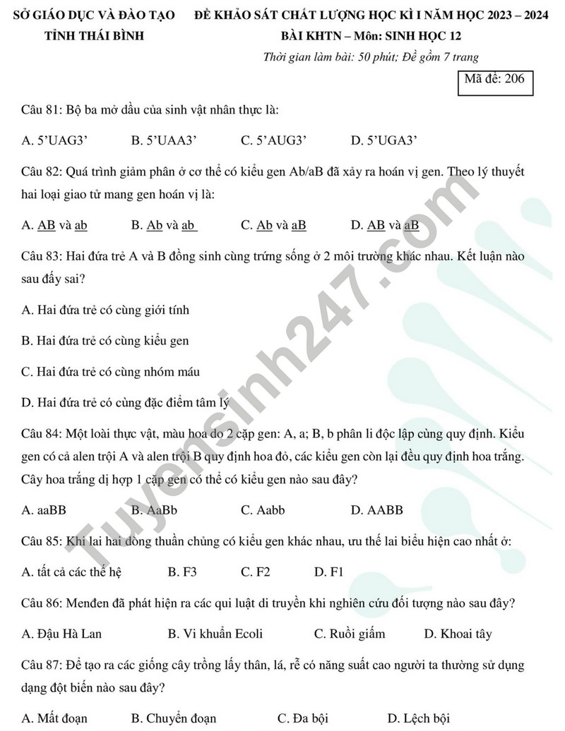 De thi cuoi ki 1 mon Sinh lop 12 - So GD Thai Binh 2023
