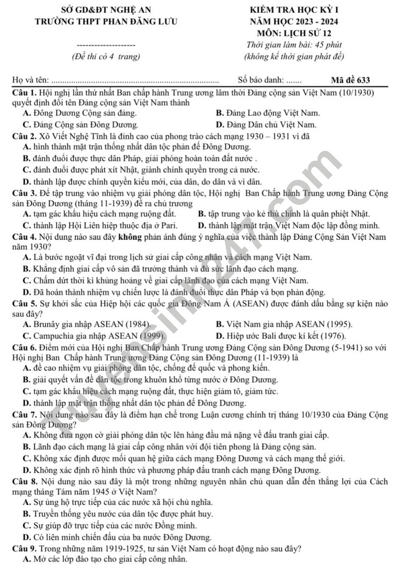 De thi cuoi ki 1 mon Su lop 12 - THPT Phan Dang Luu 2023
