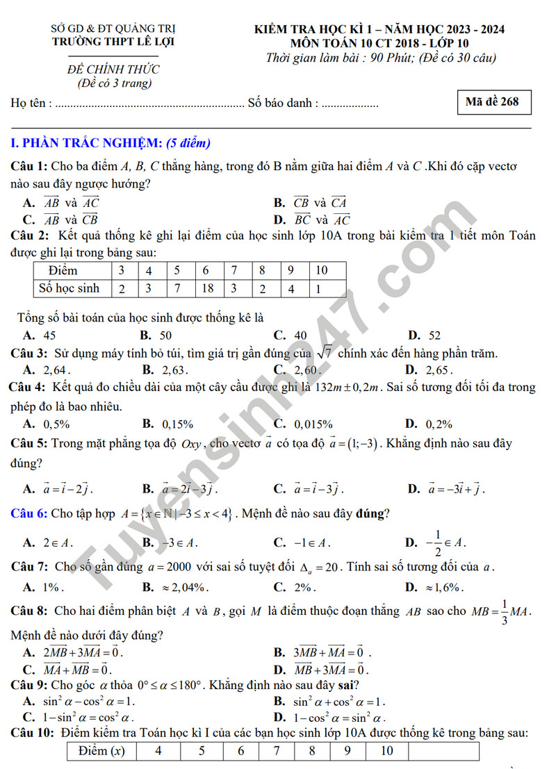 De thi cuoi ki 1 mon Toan lop 10 - THPT Le Loi 2023 (Co dap an)