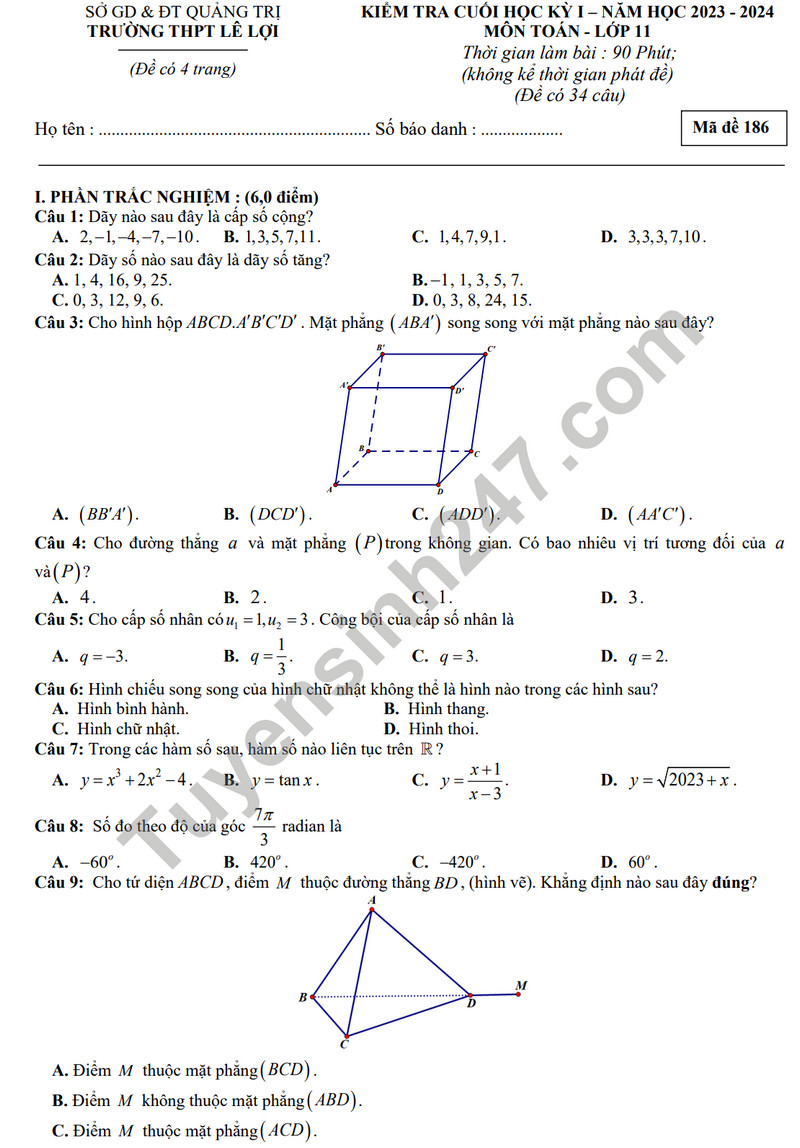 De thi HK 1 mon Toan lop 11 nam 2023 - THPT Le Loi (Co dap an)