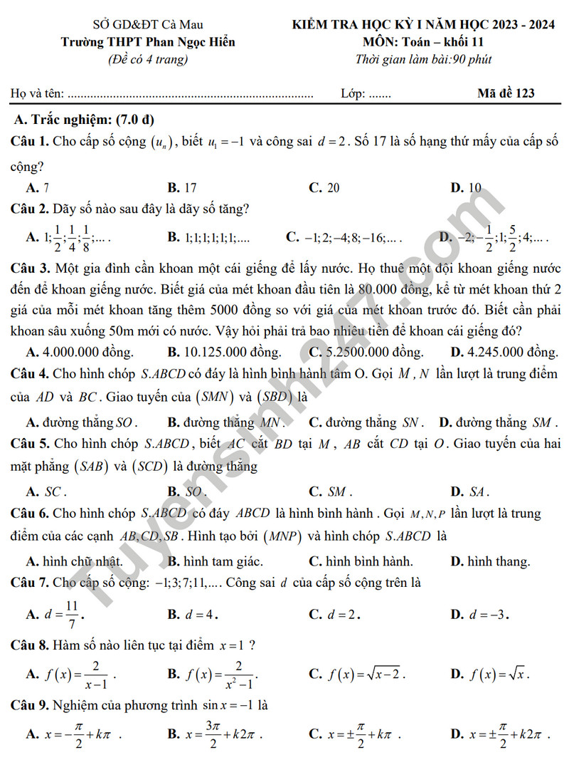 De thi HK 1 mon Toan lop 11 nam 2023 - THPT Phan The Hien (Co dap an)
