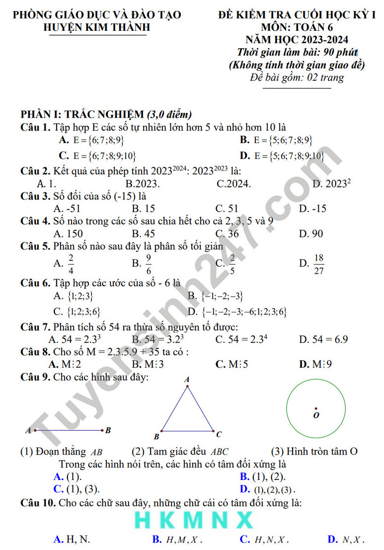 De thi cuoi ki 1 mon Toan lop 6 - Phong GD Kim Thanh 2023 (Co dap an)