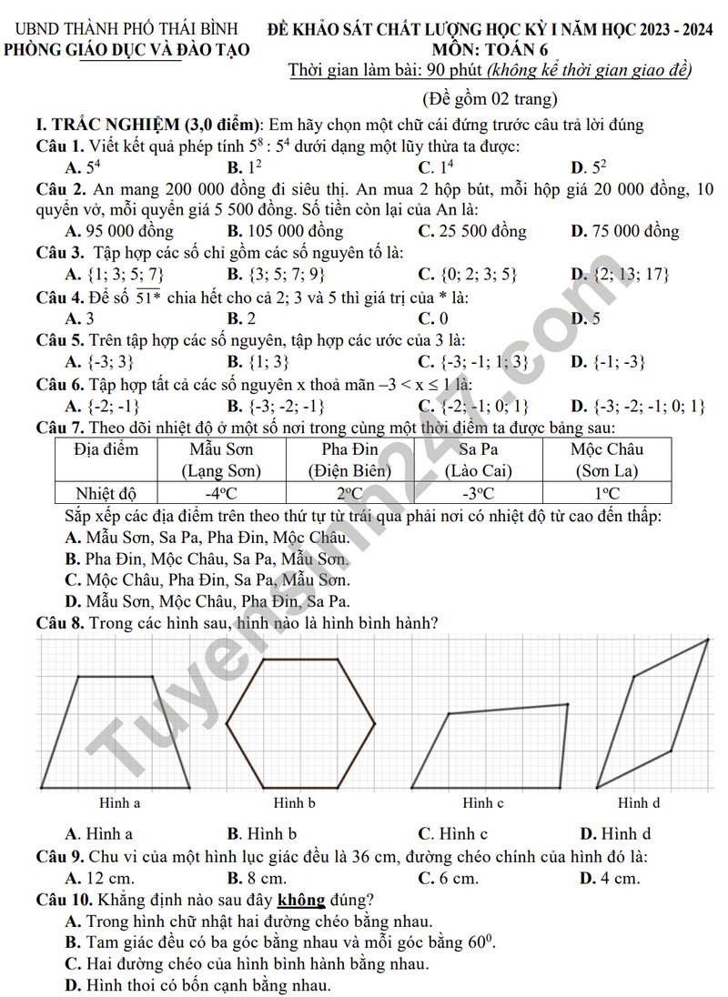 De thi cuoi ki 1 mon Toan lop 6 - So GD Thai Binh 2023 (Co dap an)