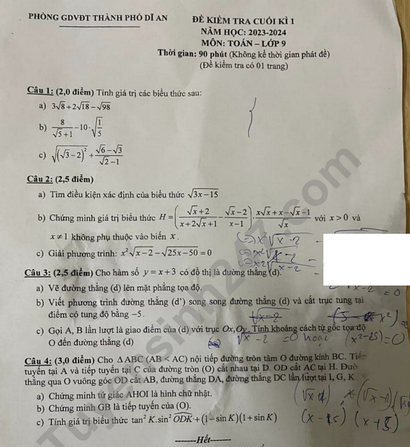De thi cuoi ki 1 mon Toan lop 9 - Phong GD Di An 2023 (Co dap an)