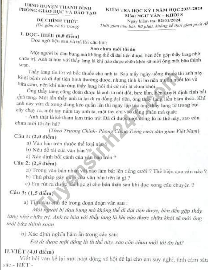 De thi HK 1 mon Van lop 8 nam 2023 - Phong GD huyen Thanh Binh