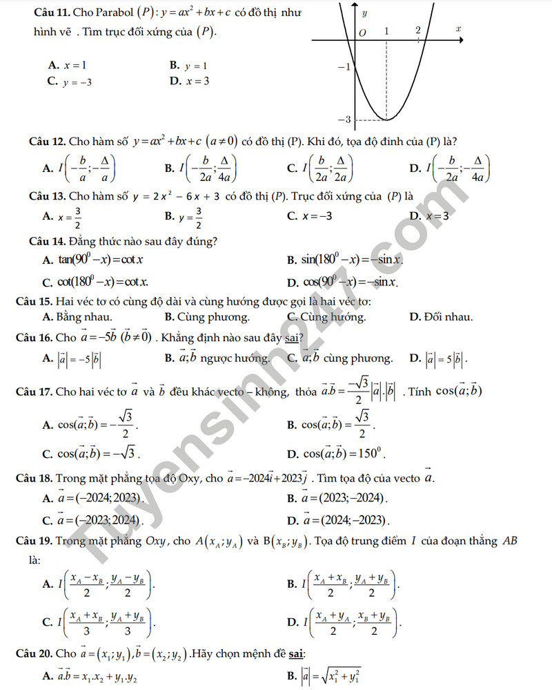 De thi cuoi ki 1 mon Toan lop 10 - THPT Thong Nhat A 2023 (Co dap an)