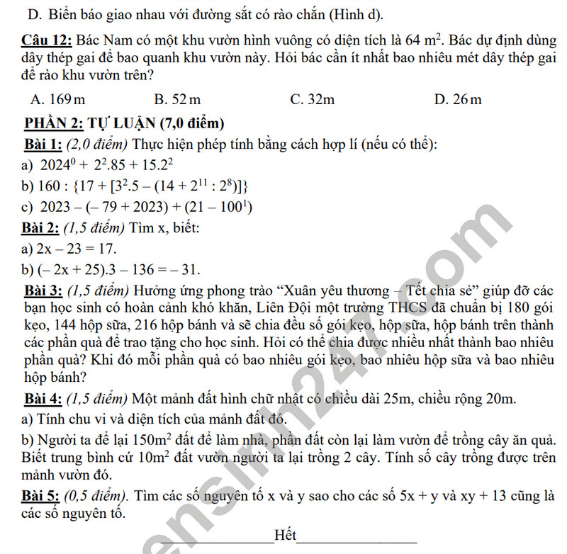 De thi HK 1 mon Toan lop 6 - Phong GD Vu Thu 2023 (Co dap an)