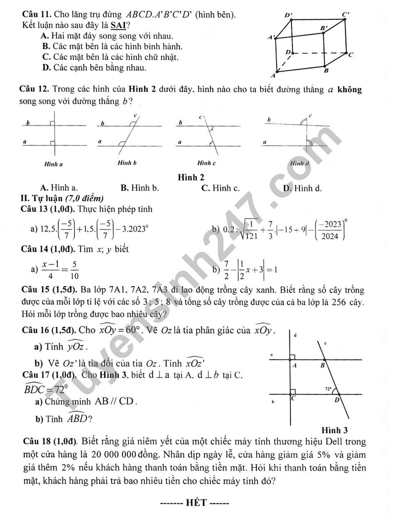 De thi HK 1 mon Toan lop 7 - THCS Nguyen Binh Khiem 2023