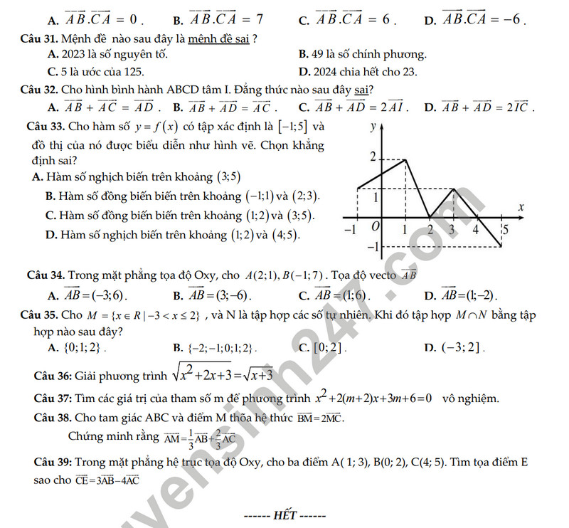 De thi cuoi ki 1 mon Toan lop 10 - THPT Thong Nhat A 2023 (Co dap an)