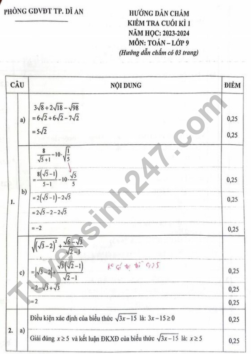 De thi cuoi ki 1 mon Toan lop 9 - Phong GD Di An 2023 (Co dap an)