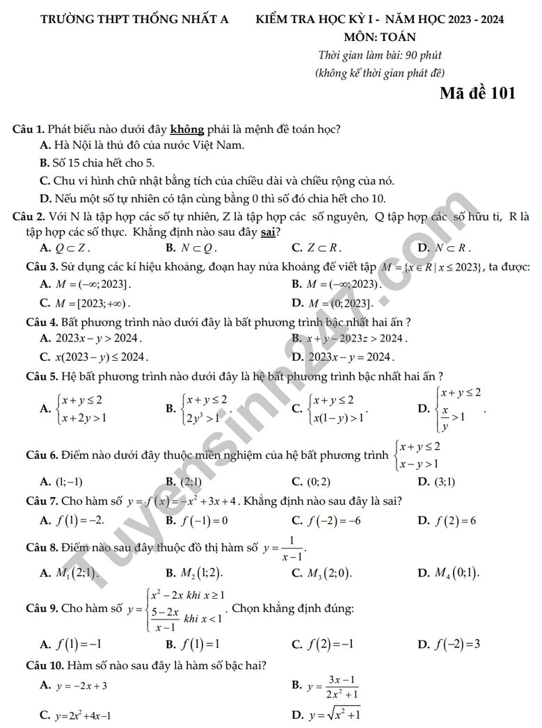 De thi cuoi ki 1 mon Toan lop 10 - THPT Thong Nhat A 2023 (Co dap an)