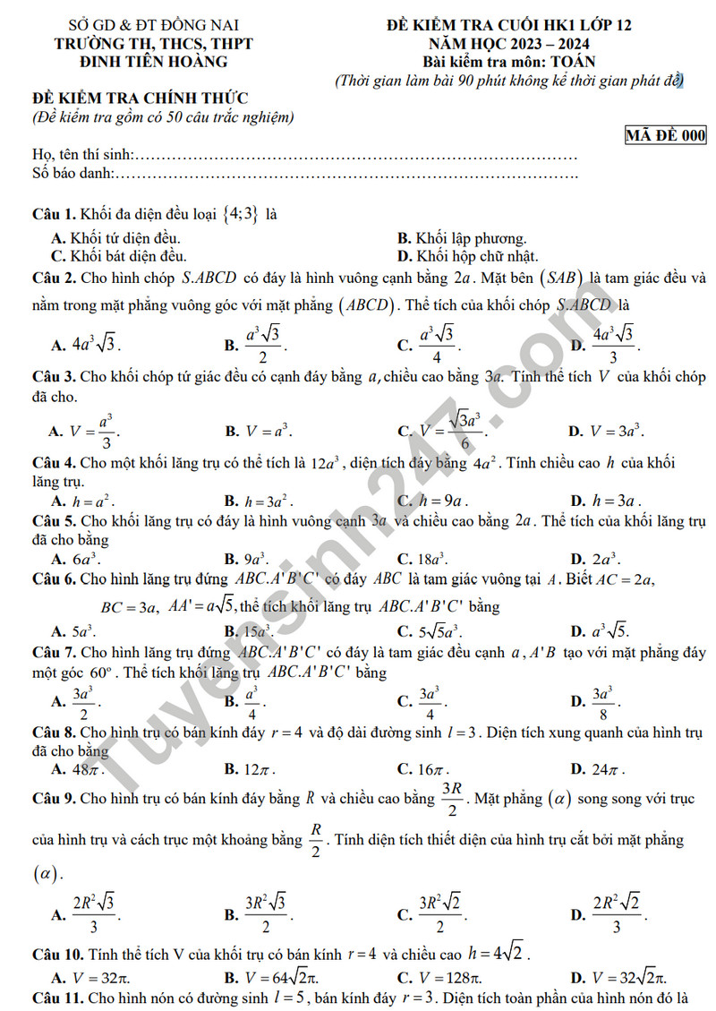 De thi cuoi ki 1 mon Toan lop 12 - TH&THCS&THPT Dinh Tien Hoang 2023 (Co dap an)