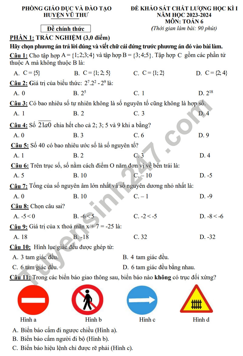 De thi HK 1 mon Toan lop 6 - Phong GD Vu Thu 2023 (Co dap an)
