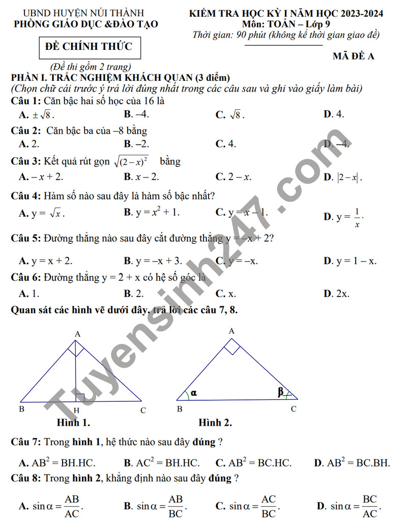 De thi cuoi ki 1 mon Toan lop 9 - Phong GD Nui Thanh 2023 (Co dap an)