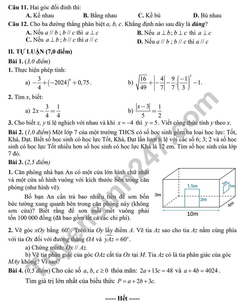 De thi HK 1 mon Toan lop 7 - So GD Thai Binh 2023 (Co dap an)