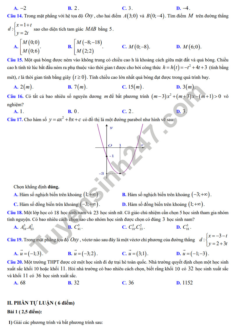 De cuong on tap giua ki 2 mon Toan lop 10 nam 2024 - THPT Hoang Van Thu
