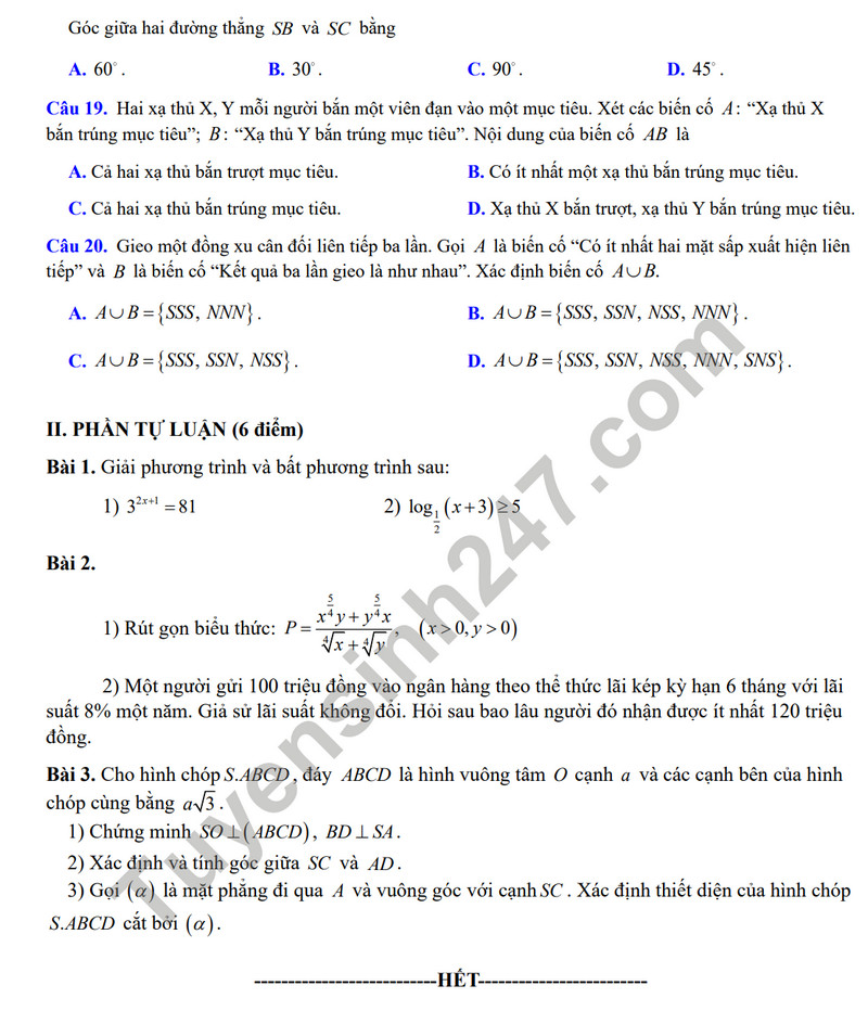 De cuong on tap giua ki 2 mon Toan lop 11 - THPT Hoang Van Thu 2024