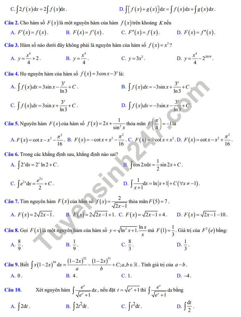 De cuong on tap giua ki 2 mon Toan lop 12 nam 2024 - THPT Hoang Van Thu