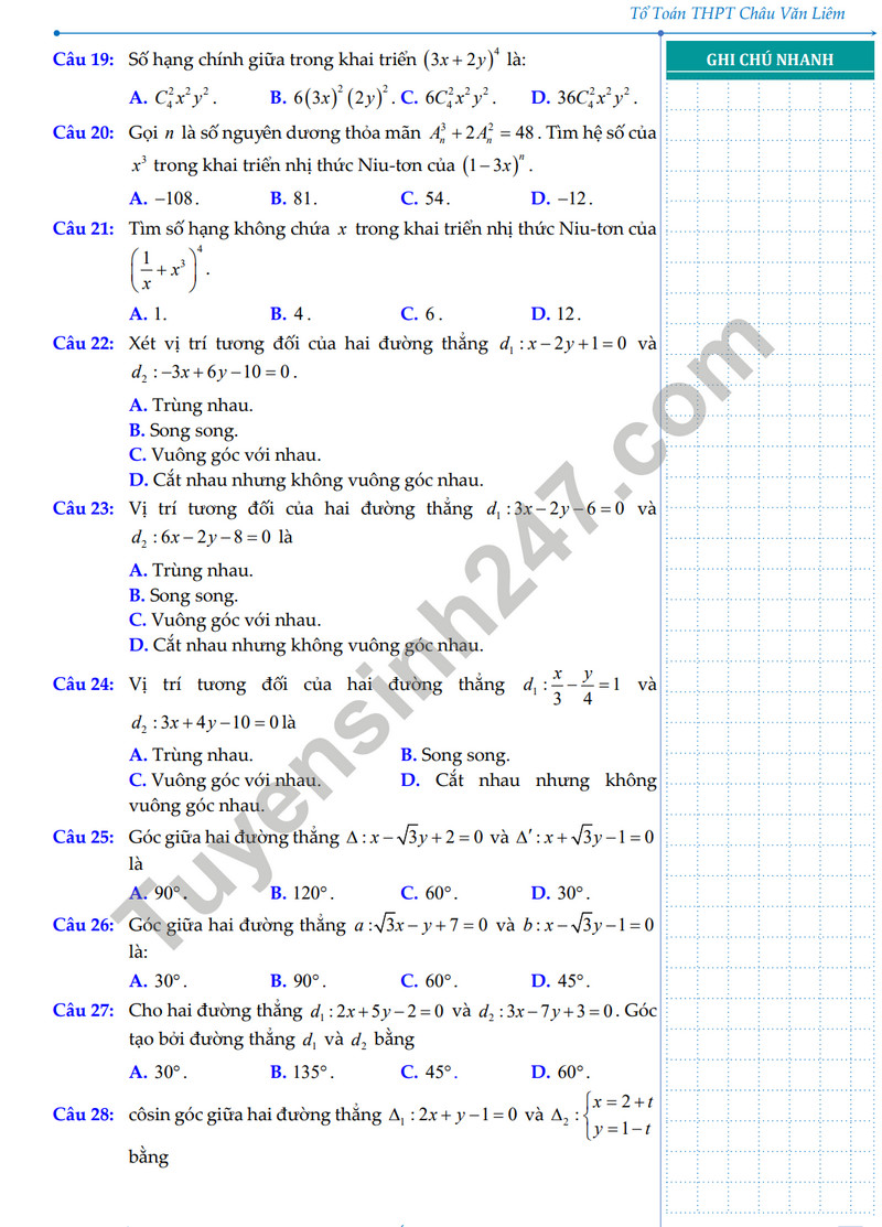 De cuong on tap giua ki 2 mon Toan lop 10 nam 2024 - THPT Chau Van Liem