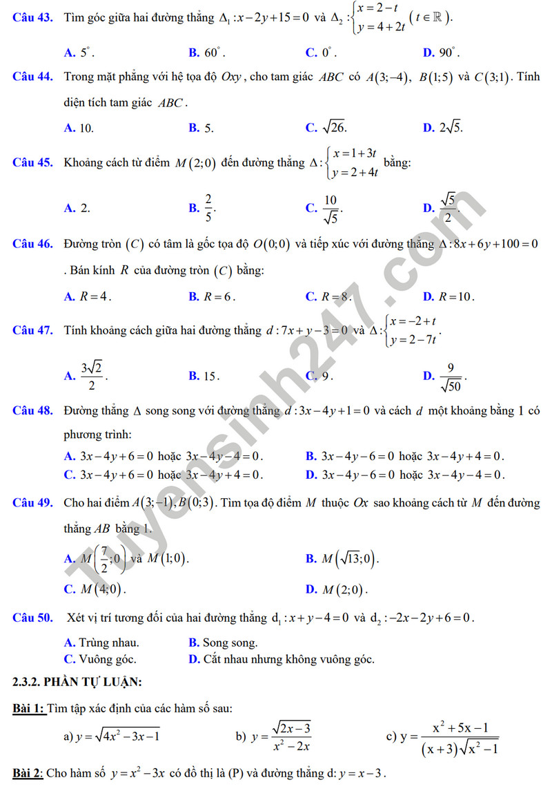 De cuong on tap giua ki 2 mon Toan lop 10 nam 2024 - THPT Hoang Van Thu