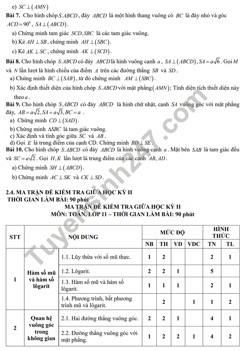 De cuong on tap giua ki 2 mon Toan lop 11 - THPT Hoang Van Thu 2024