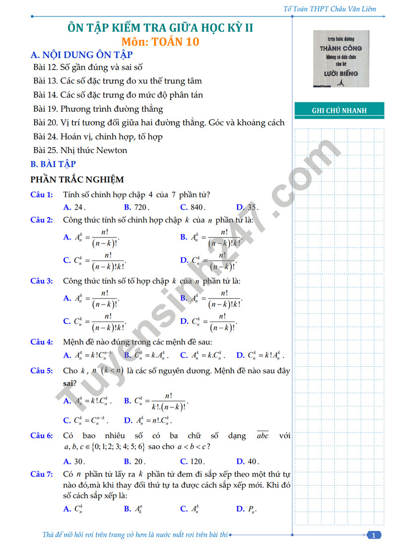 De cuong on tap giua ki 2 mon Toan lop 10 nam 2024 - THPT Chau Van Liem