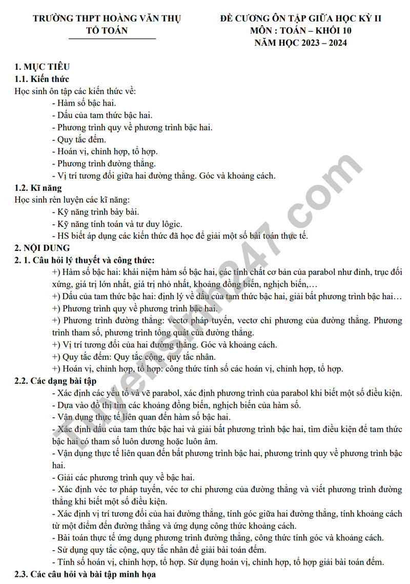 De cuong on tap giua ki 2 mon Toan lop 10 nam 2024 - THPT Hoang Van Thu