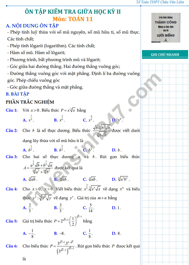 De cuong on tap giua ki 2 mon Toan lop 11 - THPT Chau Van Liem 2024