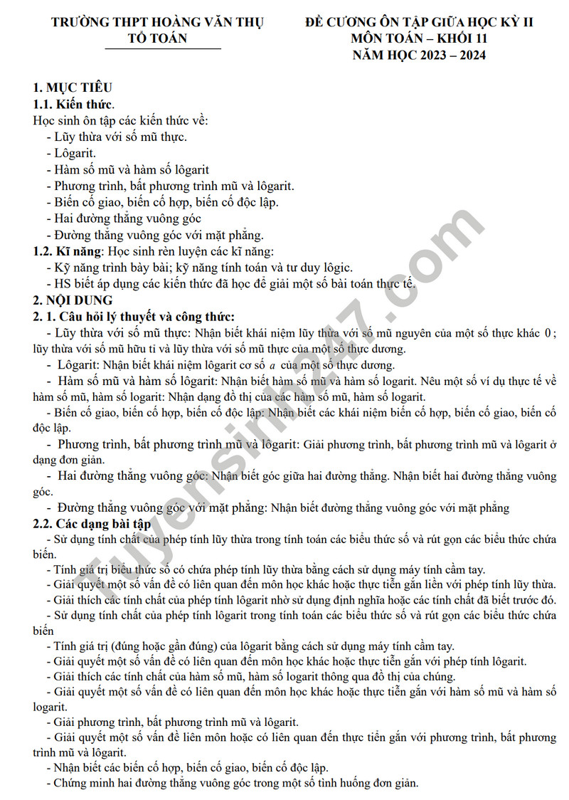 De cuong on tap giua ki 2 mon Toan lop 11 - THPT Hoang Van Thu 2024