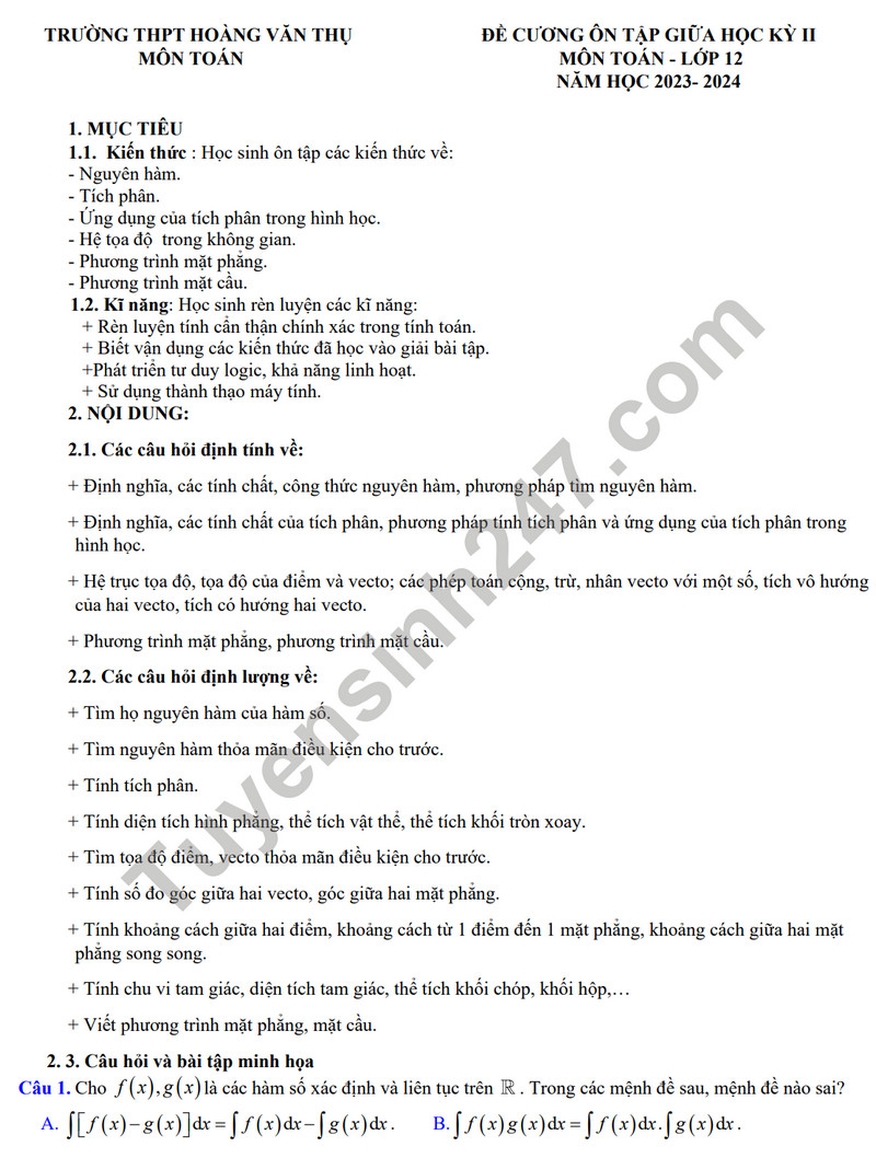 De cuong on tap giua ki 2 mon Toan lop 12 nam 2024 - THPT Hoang Van Thu