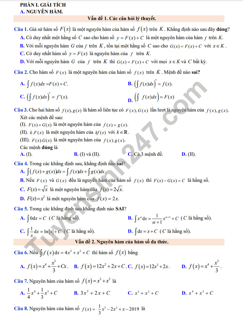 De cuong on tap ki 2 mon Toan lop 12 nam 2024 - THPT Yen Hoa