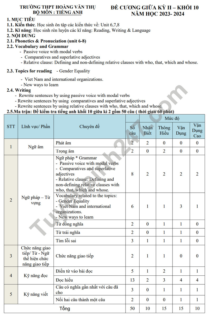 De cuong on tap giua ki 2 mon Anh lop 10 - THPT Hoang Van Thu 2024